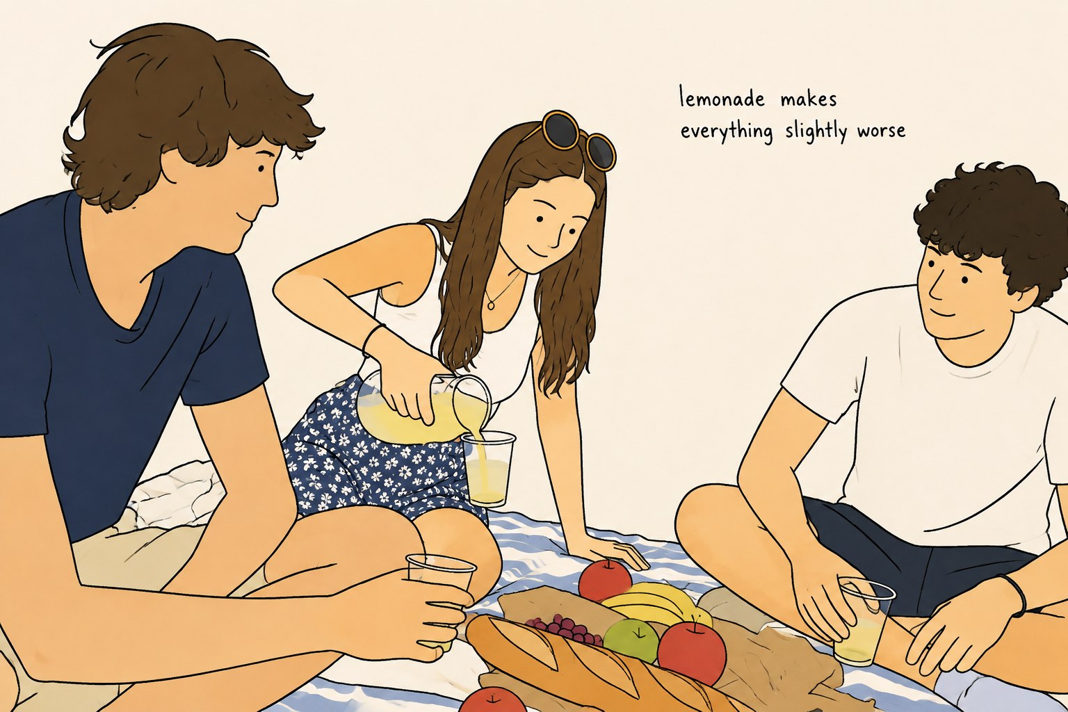 Three friends on a picnic blanket pouring lemonade, with a deadpan line about the lemonade