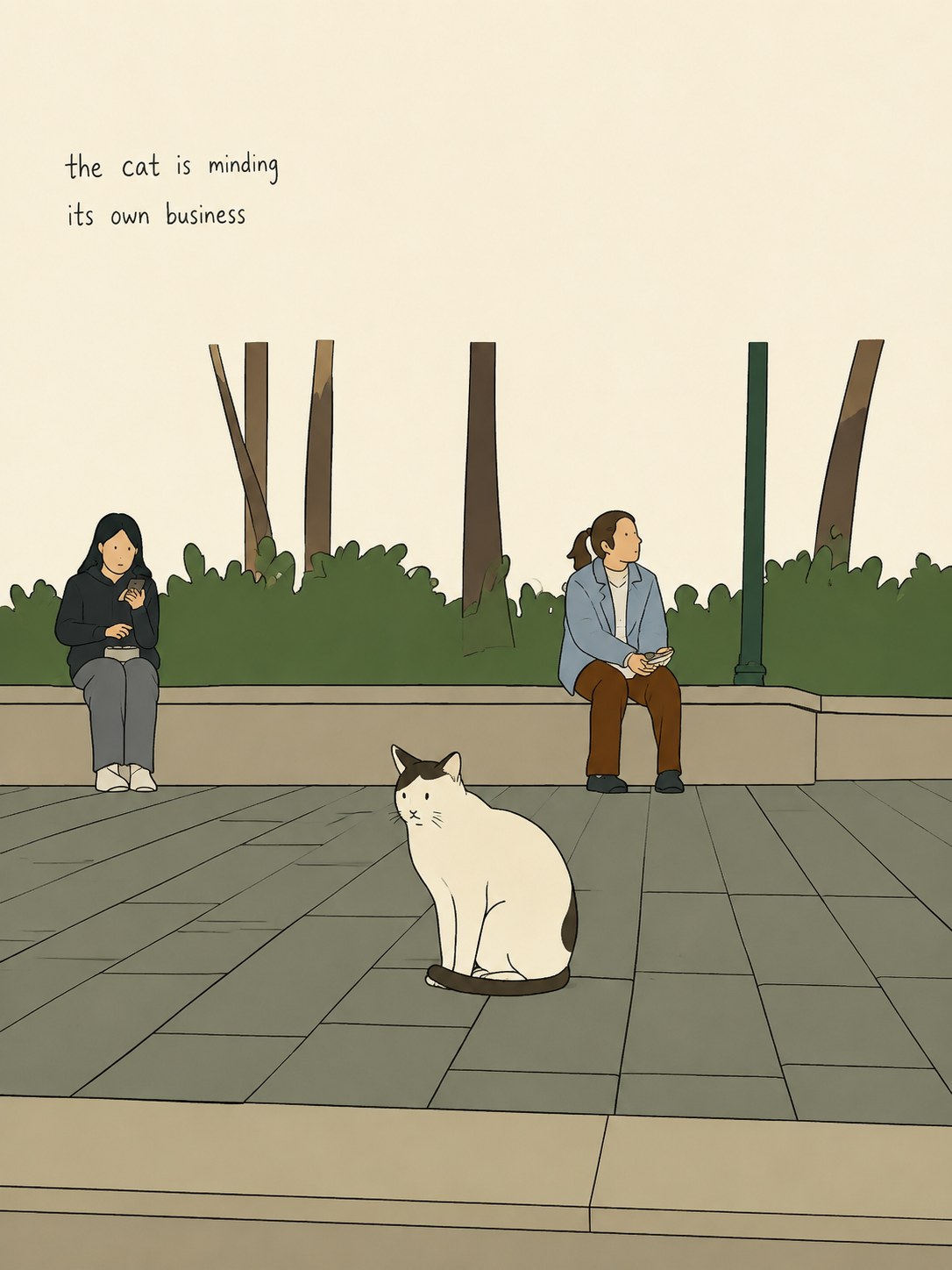 A cat sitting on park paving while two people rest behind, with a deadpan line about the cat — a photo turned into art in the Alt-comic redraw style