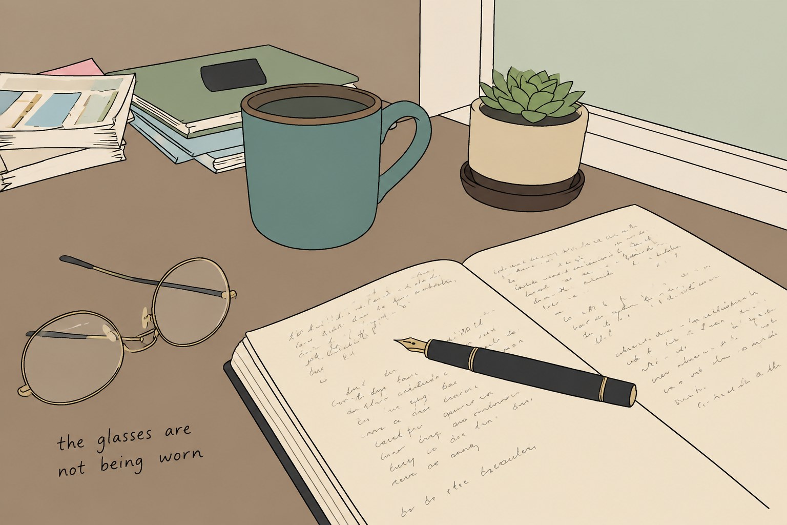 A desk corner with mug, succulent, glasses and an open notebook, with a deadpan line about the glasses — a photo turned into art in the Alt-comic redraw style