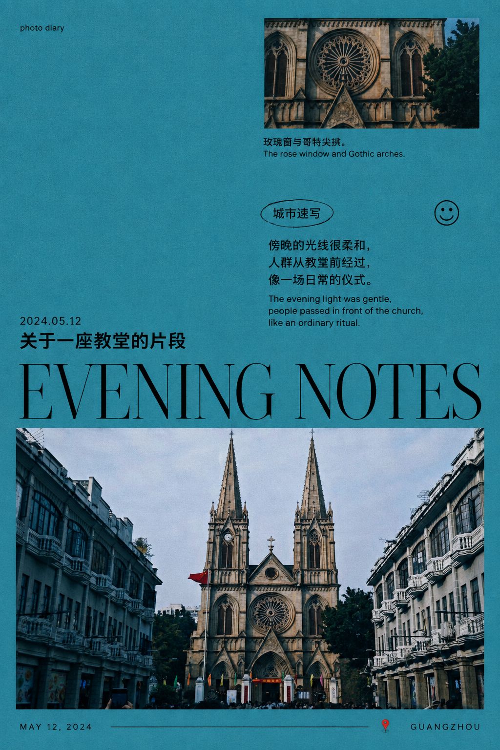 A twin-spired cathedral on a teal zine cover headed Evening Notes — a photo turned into art in the Blue-hour diary poster style