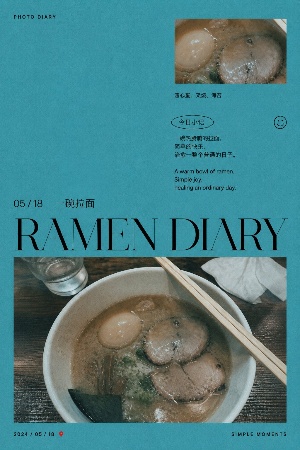 A bowl of ramen on a teal zine cover headed Ramen Diary — a photo turned into art in the Blue-hour diary poster style