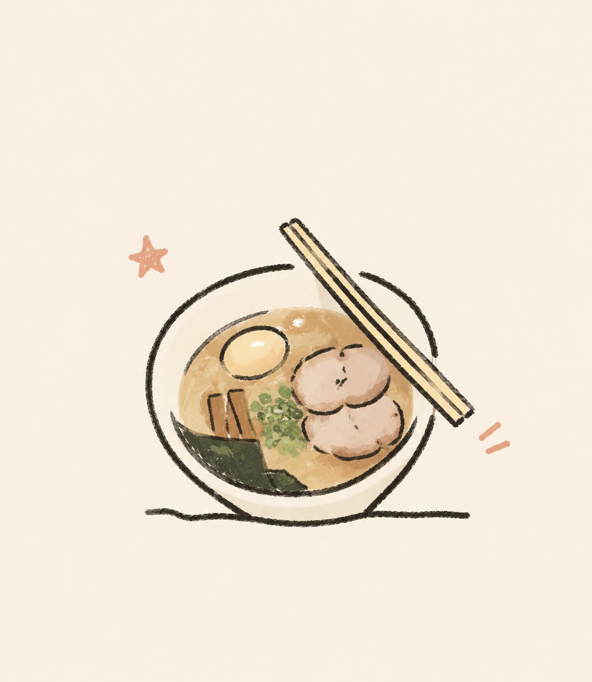 A small crayon bowl of ramen with chopsticks resting across it