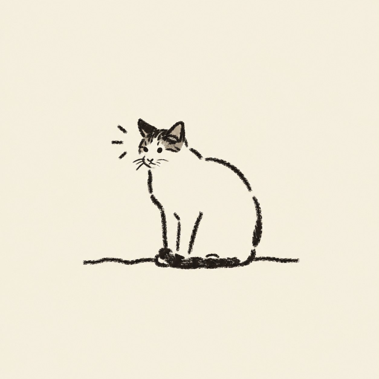 A small crayon cat sitting on a single drawn line — a photo turned into art in the Crayon vignette style