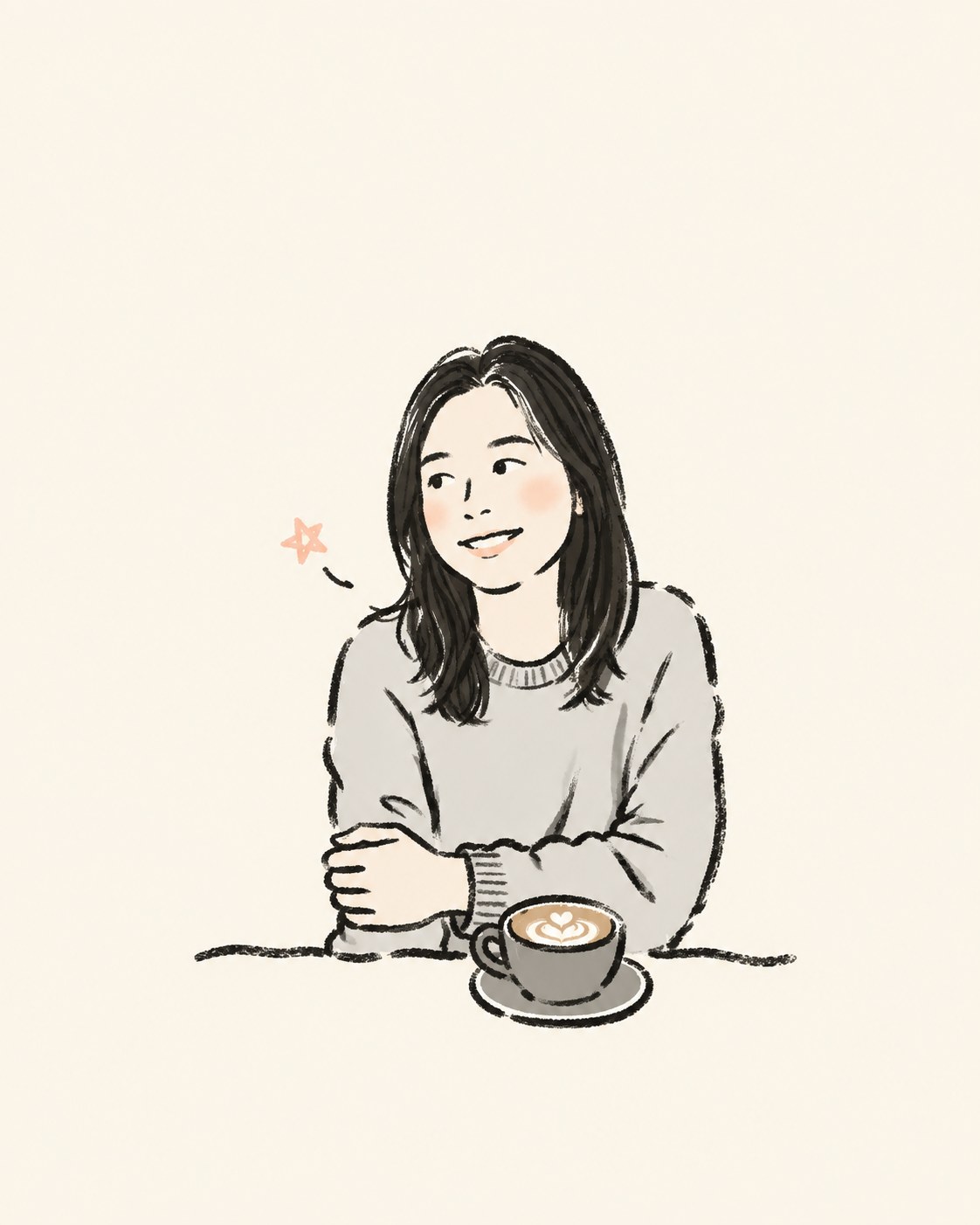 A crayon woman leaning on a table with a cup of coffee — a photo turned into art in the Crayon vignette style
