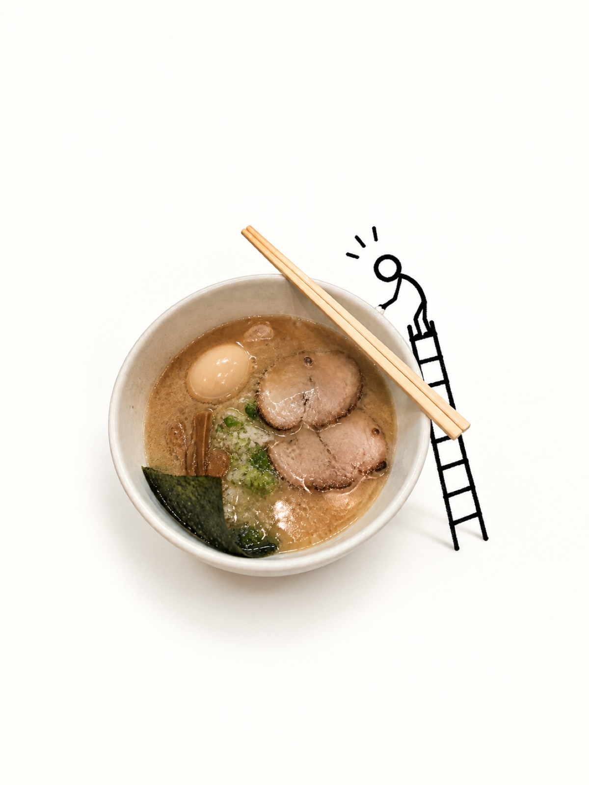 A ramen bowl beside a tiny worker and ladder — a photo turned into art in the Object doodle poster style