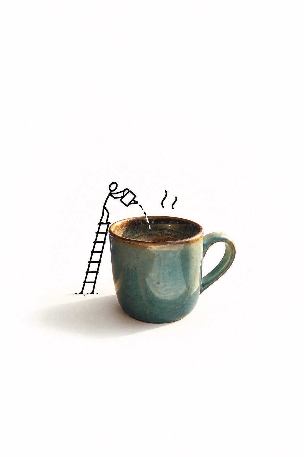 A green ceramic mug with a tiny worker pouring from a ladder — a photo turned into art in the Object doodle poster style