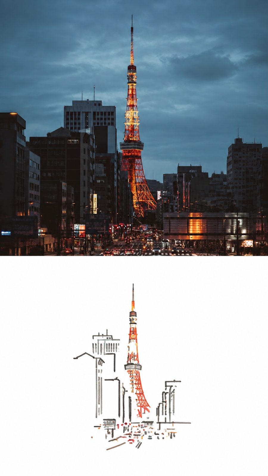Tokyo Tower at dusk above, the same skyline redrawn as a line sketch below