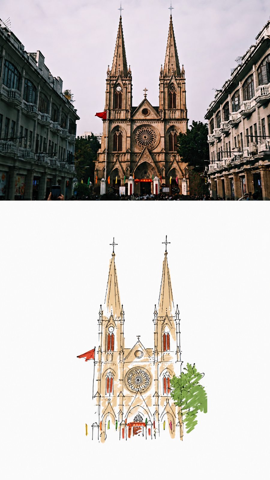 A twin-spired cathedral above, the same facade redrawn as a line sketch below — a photo turned into art in the Memory poster style