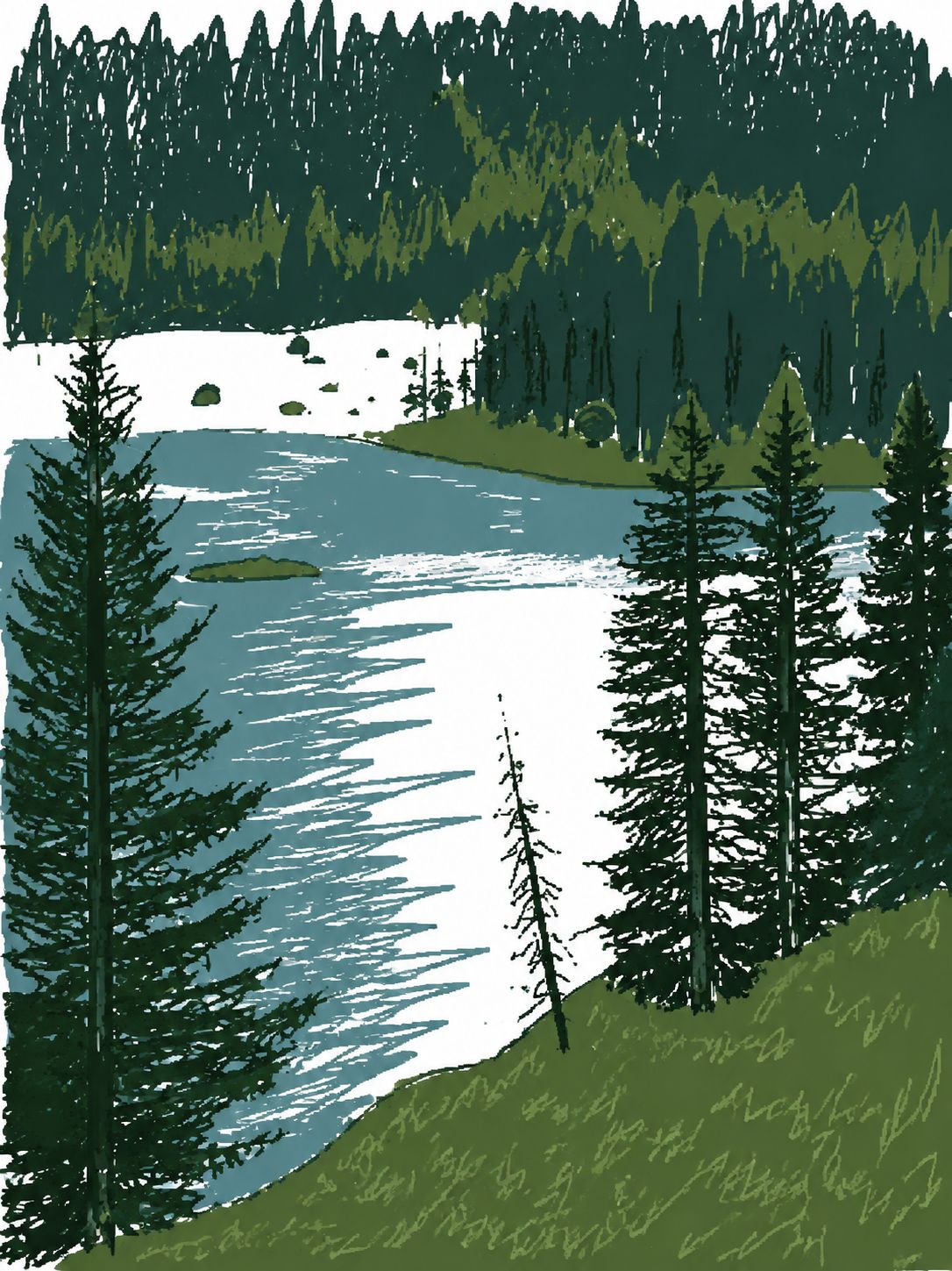 A pine-ringed lake redrawn in scratchy green and blue strokes — a photo turned into art in the Pathetic scribble style