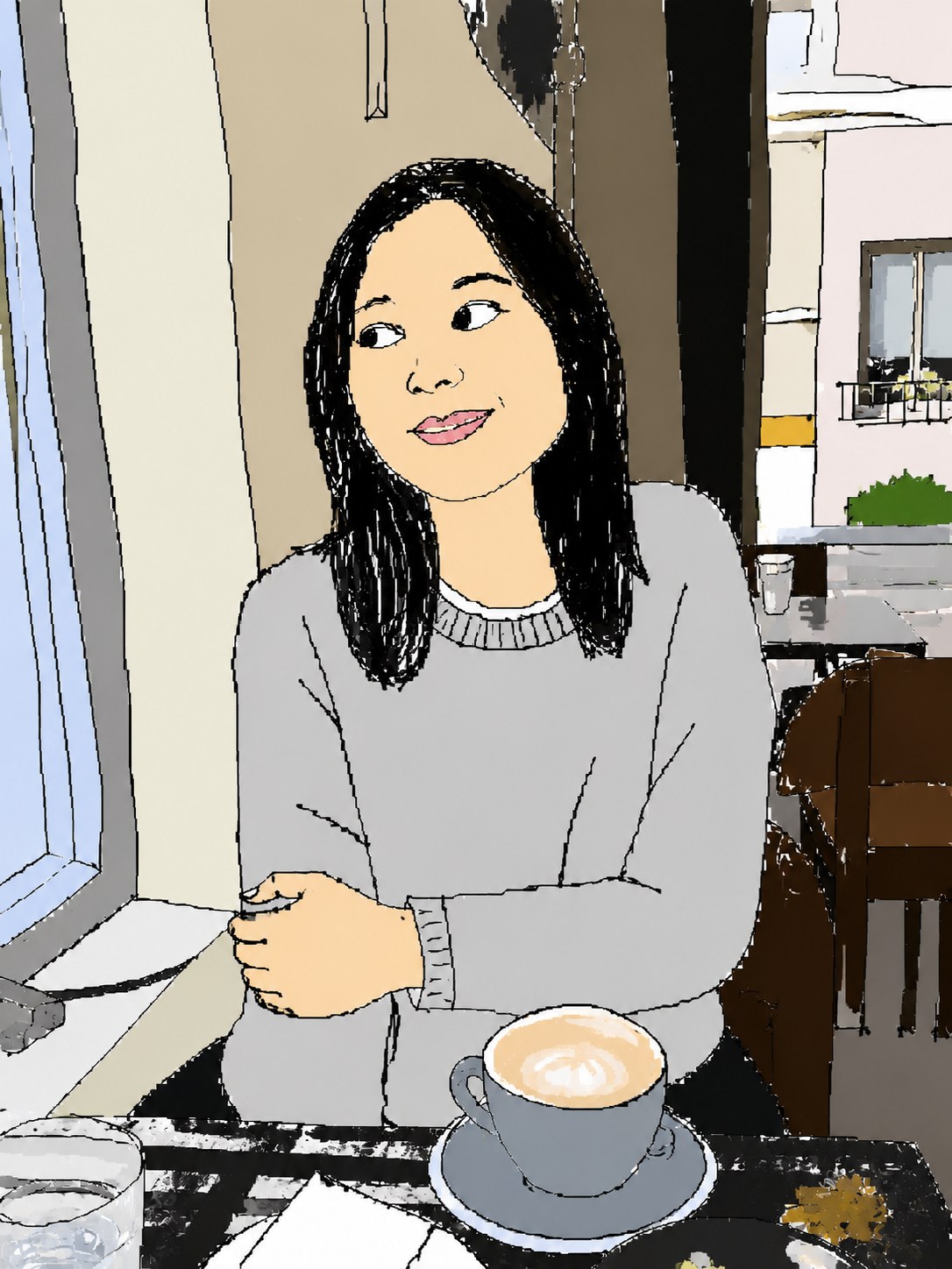 A woman at a cafe window with her coffee, redrawn with wobbling outlines — a photo turned into art in the Pathetic scribble style