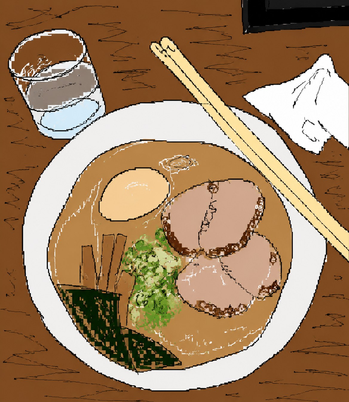 A ramen bowl on a dark table redrawn with wobbling outlines and blotchy fills — a photo turned into art in the Pathetic scribble style