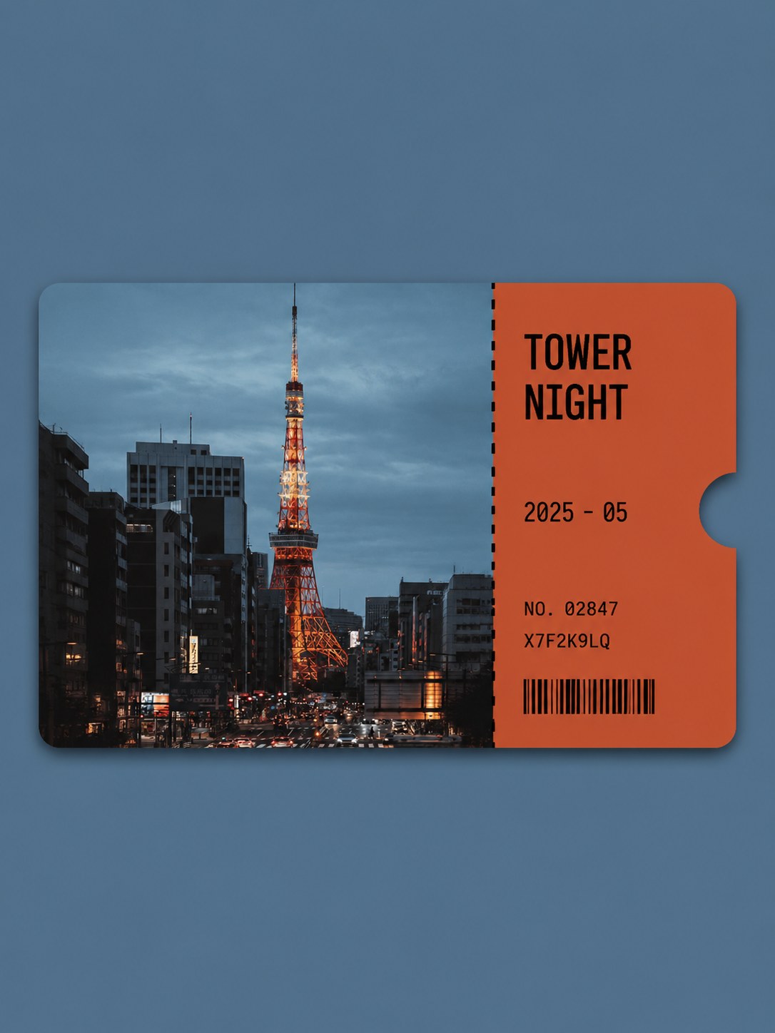 A ticket stub of Tokyo Tower at night, the tab reading TOWER NIGHT