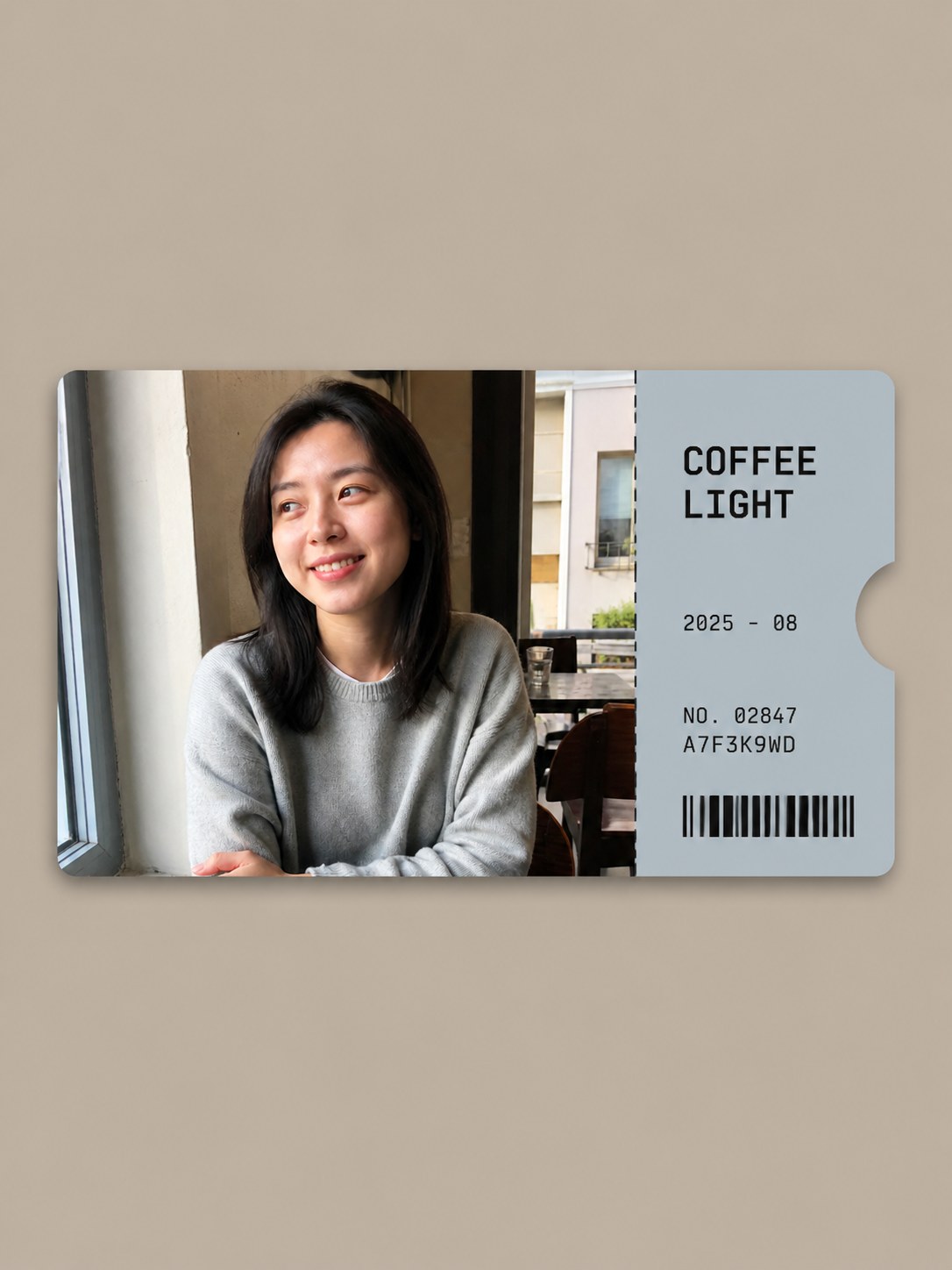 A ticket stub of a woman by a cafe window, the tab reading COFFEE LIGHT — a photo turned into art in the Photo ticket card style