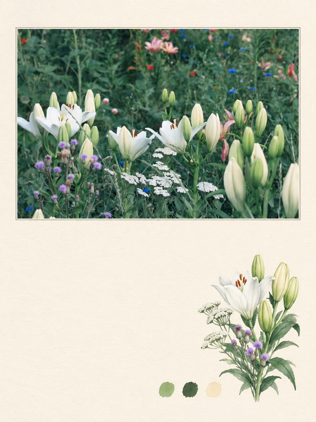 White lilies above a small botanical drawing and three color swatches — a photo turned into art in the Photo zine postcard style