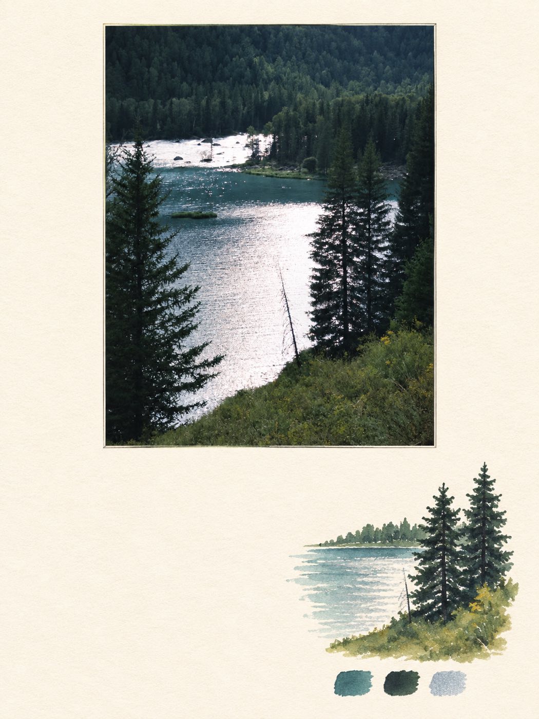 A forest lake photograph above a painted shoreline — a photo turned into art in the Photo zine postcard style