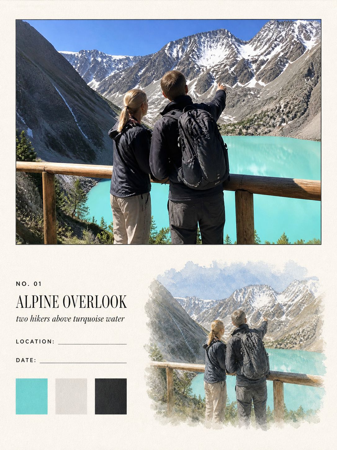 Two hikers at a railing above a turquoise mountain lake, the same view in watercolour below — a photo turned into art in the Watercolor field note style