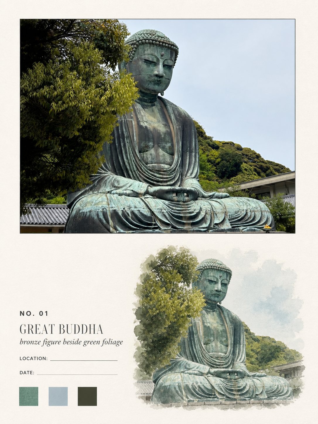 A great bronze Buddha among trees, the same figure in watercolour below — a photo turned into art in the Watercolor field note style