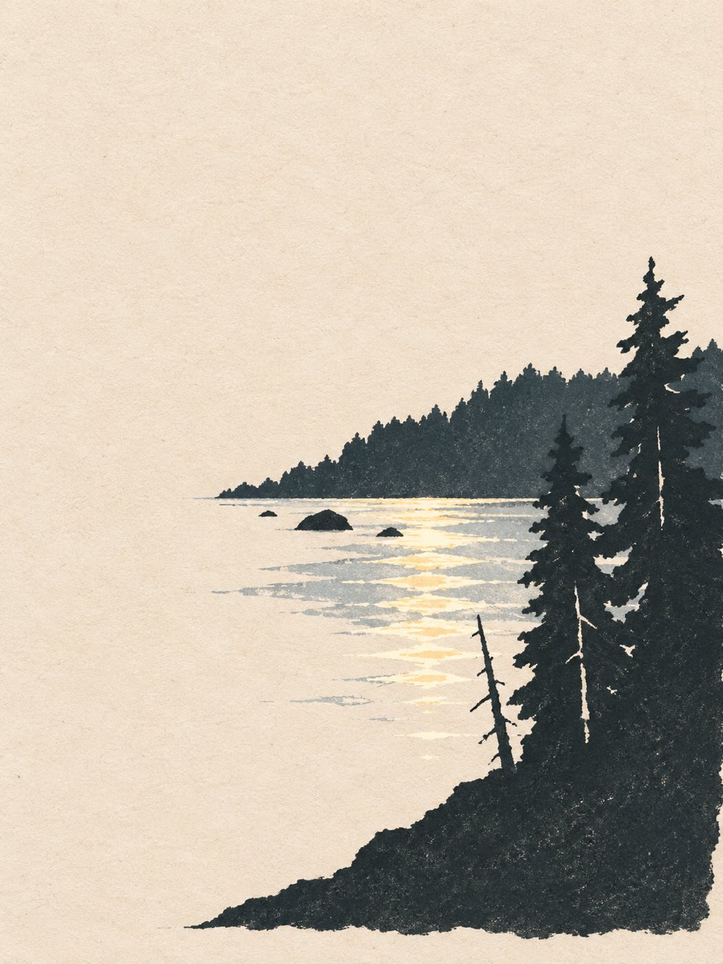 Dark tree masses around a pale lake on warm paper — a photo turned into art in the Scene distillation zine style