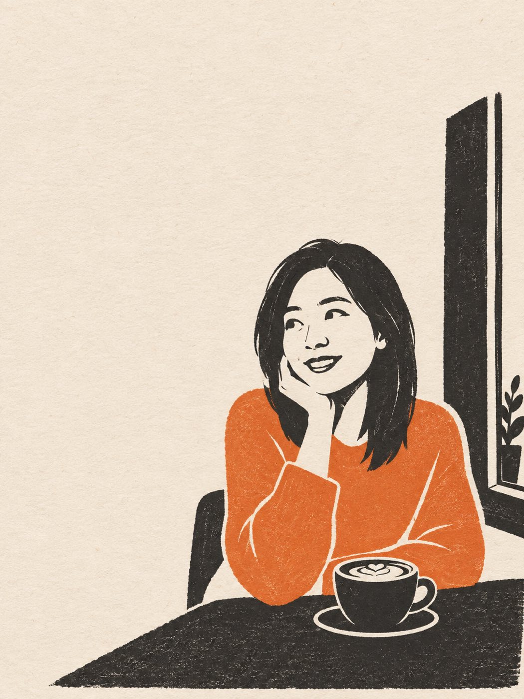 A woman in an orange sweater beside a black coffee cup — a photo turned into art in the Scene distillation zine style