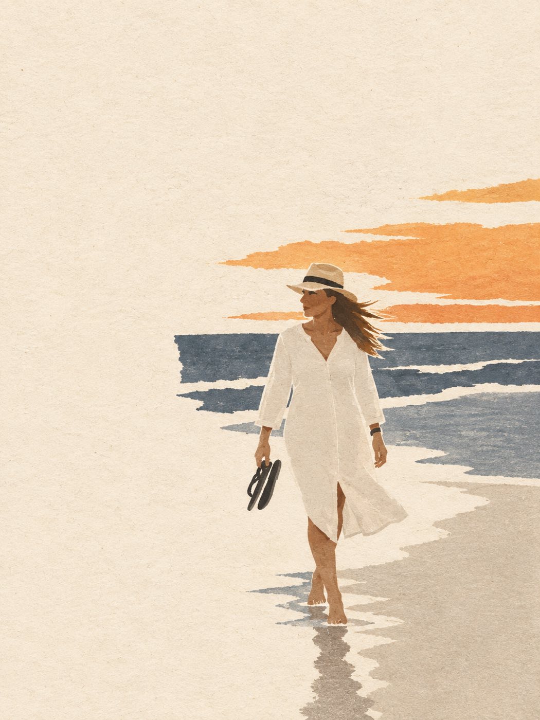 A woman carrying sandals by the sea beneath orange cloud shapes — a photo turned into art in the Scene distillation zine style