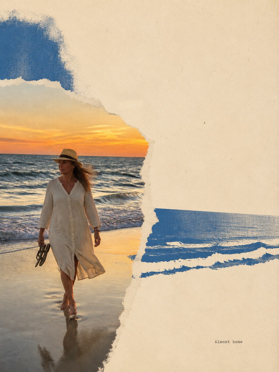A woman walking a beach at sunset, torn into a zine page beside a blue brush shape