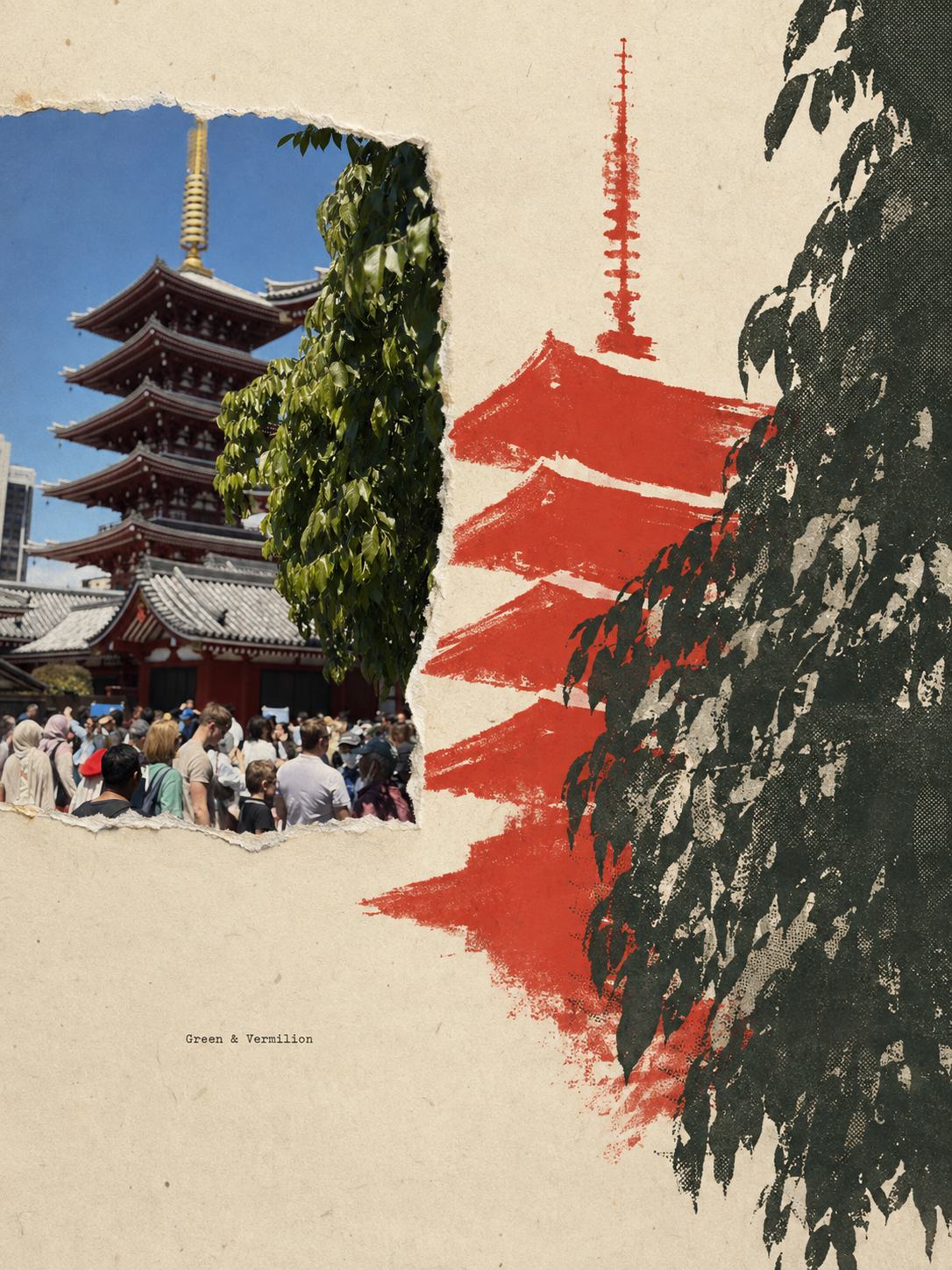 A five-storey pagoda torn into a zine page beside a red brush shape — a photo turned into art in the Gathered scenes zine style