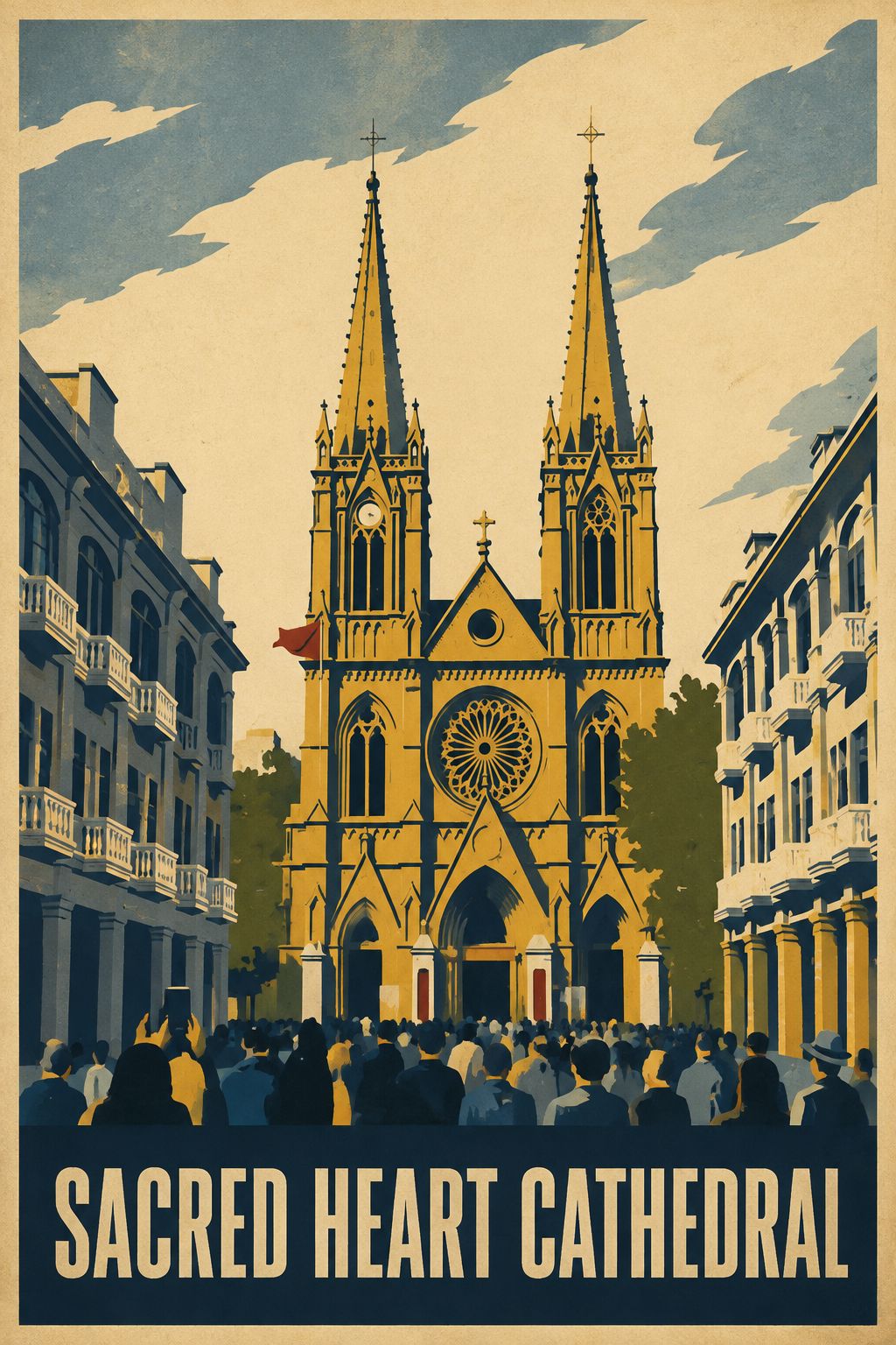 A twin-spired cathedral above a crowd as a vintage poster titled SACRED HEART CATHEDRAL — a photo turned into art in the Soviet-era poster style