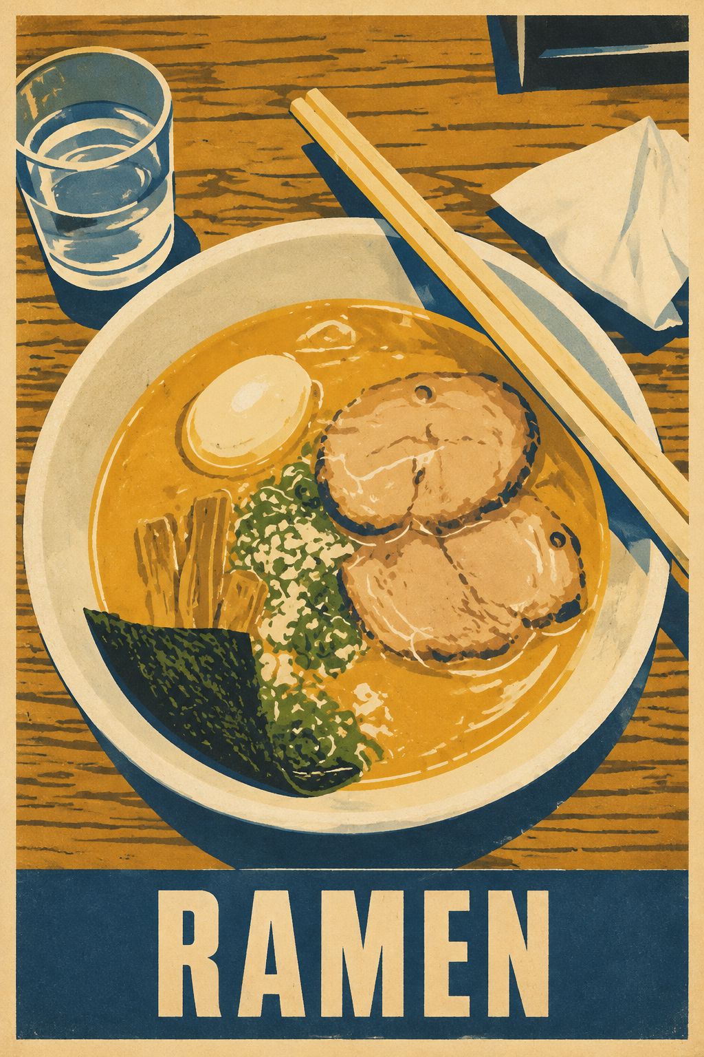 A ramen bowl seen from above as a vintage poster titled RAMEN — a photo turned into art in the Soviet-era poster style