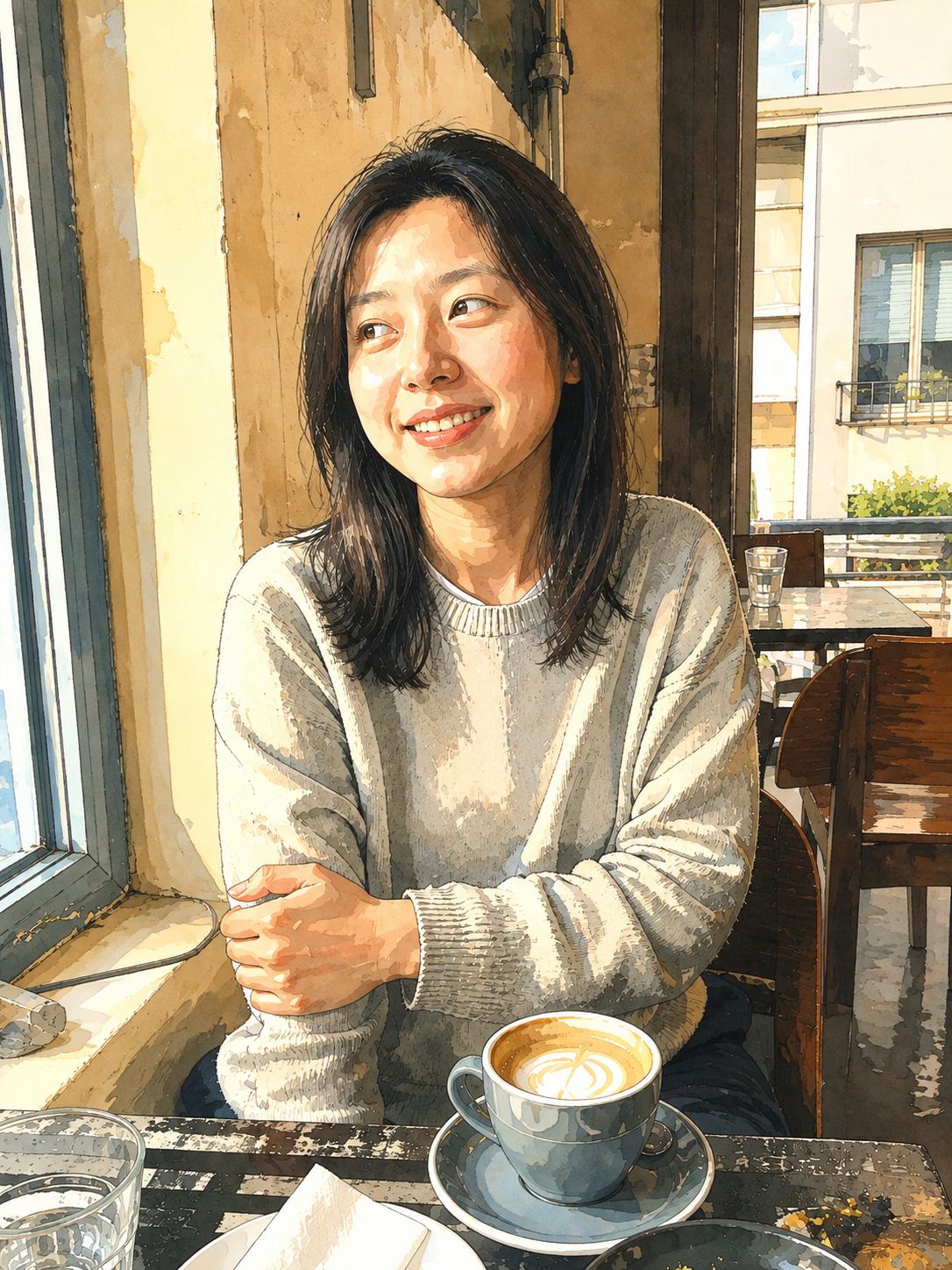 A woman smiling by a sunlit cafe window, re-inked as an animation background — a photo turned into art in the Sunlit travel sketch style