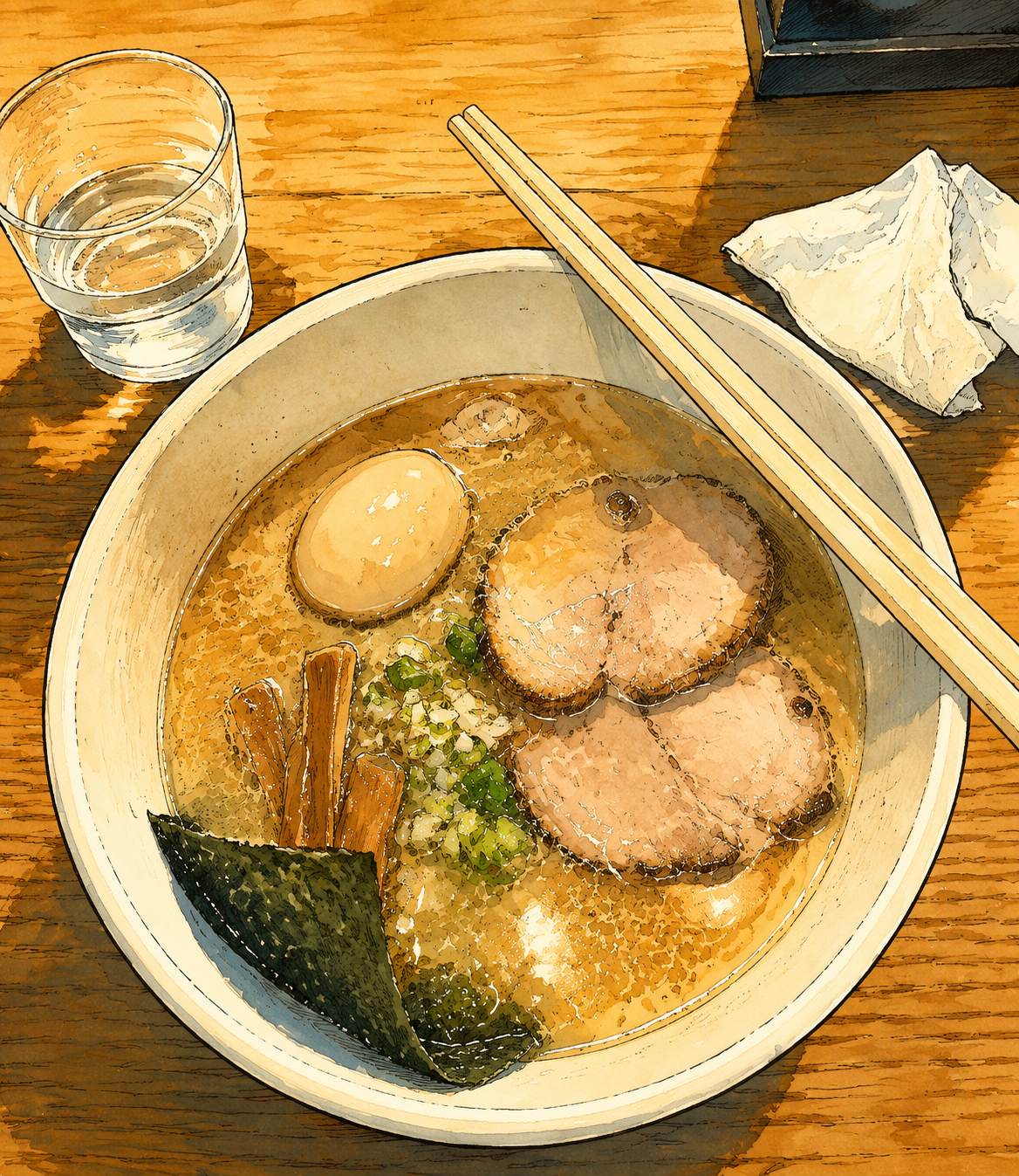 A ramen bowl on a wooden table, re-inked as an animation background — a photo turned into art in the Sunlit travel sketch style