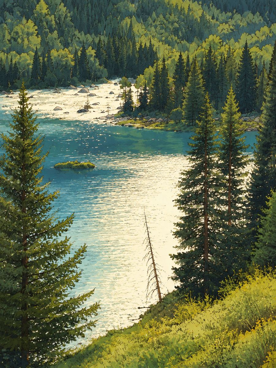 A river winding through pine forest, re-inked as an animation background — a photo turned into art in the Sunlit travel sketch style