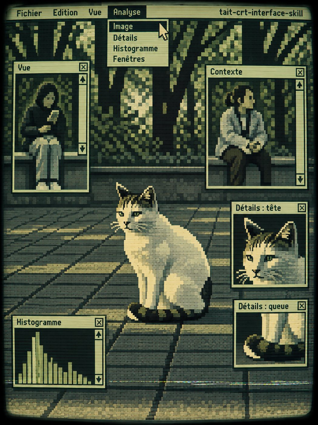 A white-and-tabby cat on a path with detail windows — a photo turned into art in the CRT bitmap portrait style