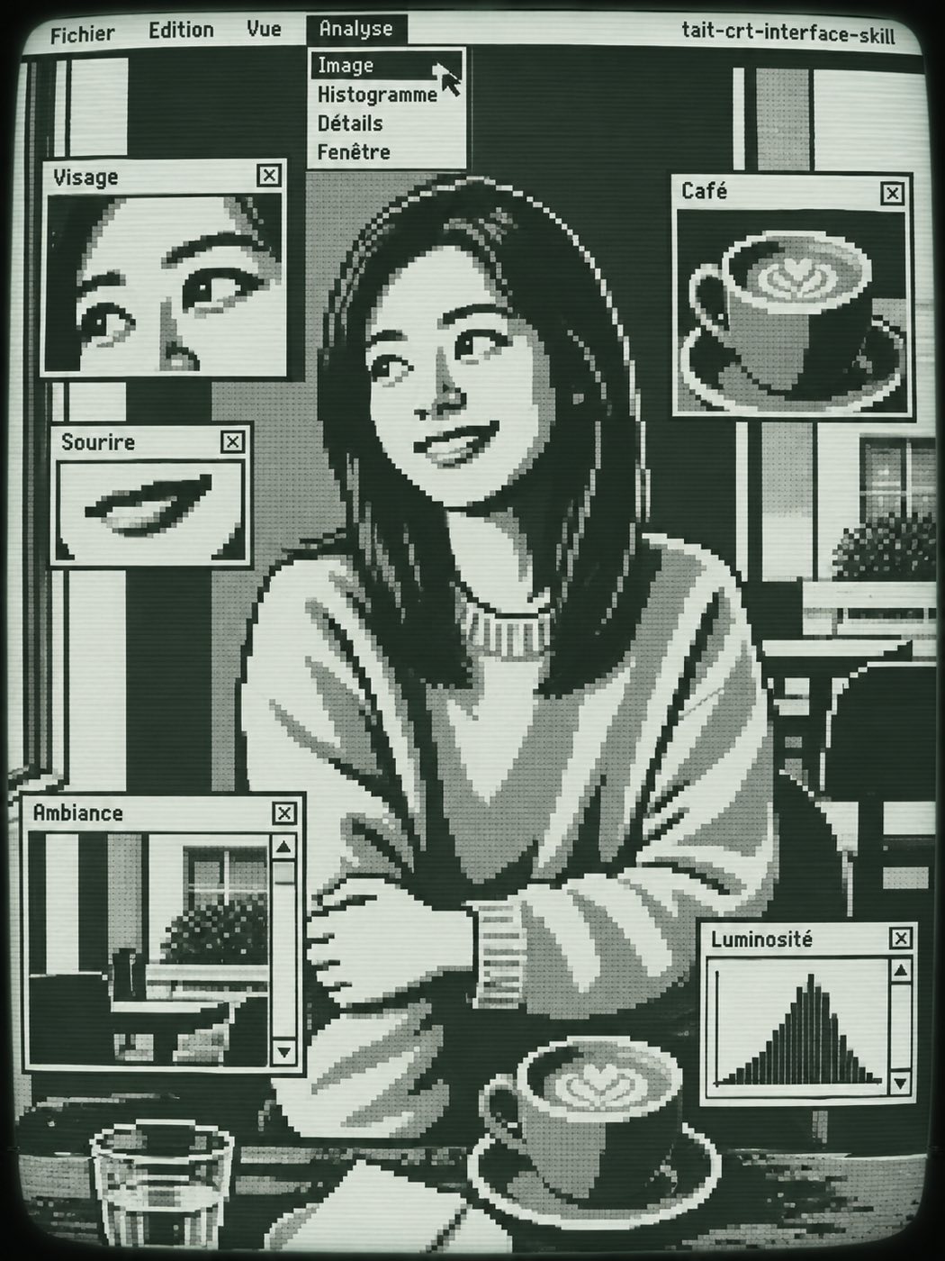 A woman resting her face on her hand beside a cafe window — a photo turned into art in the CRT bitmap portrait style