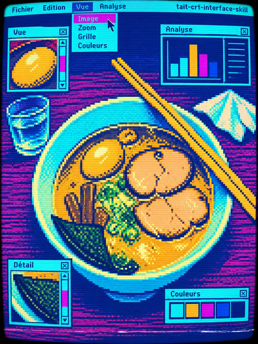 A ramen bowl and chopsticks in cyan and magenta — a photo turned into art in the CRT bitmap portrait style