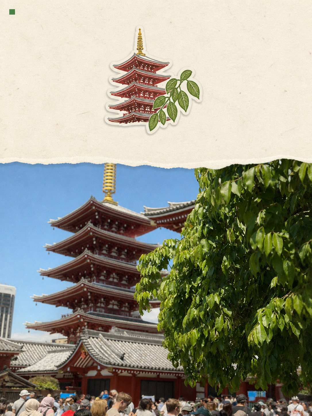 A five-storey pagoda behind a leafy tree, a pagoda sticker on the torn paper above — a photo turned into art in the Torn-paper journal style