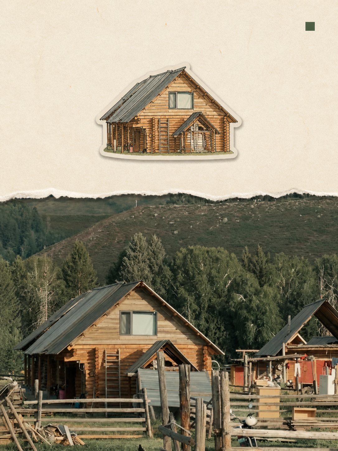 Timber cabins below a wooded ridge, a cabin sticker on the torn paper above — a photo turned into art in the Torn-paper journal style