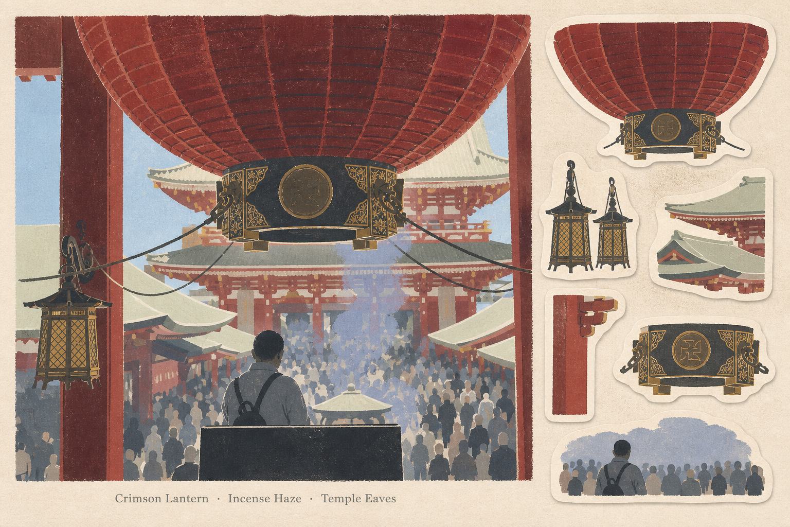 A crimson temple lantern over a crowded hall, with matching cut-out stickers down the side