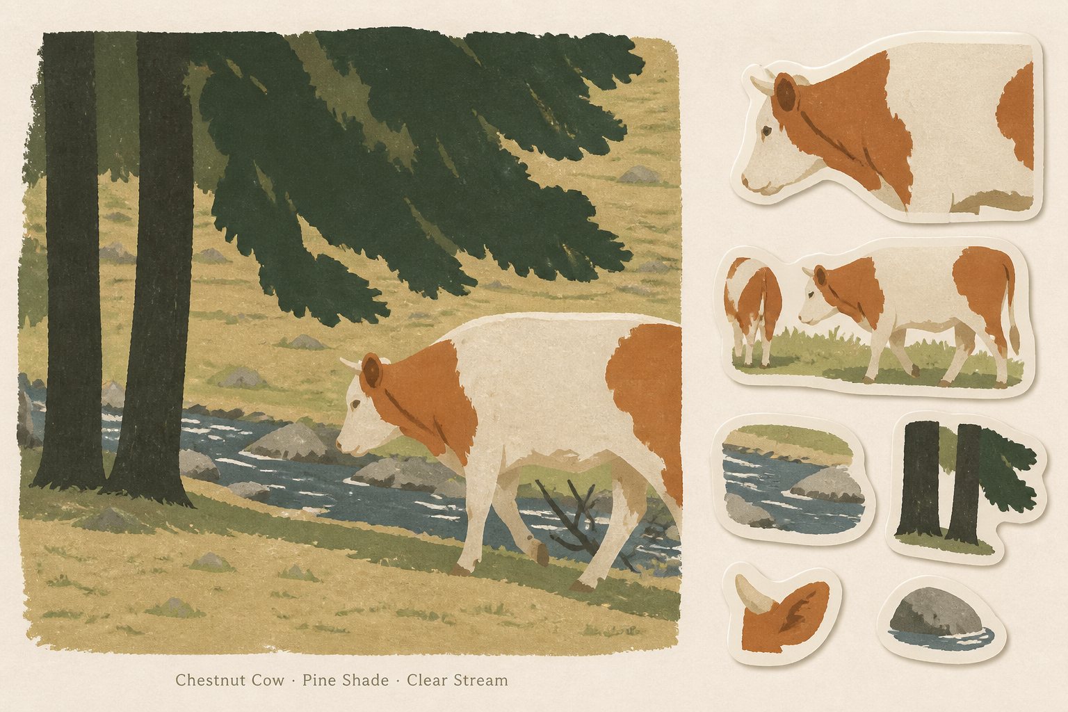A chestnut cow by a stream in pine shade, with matching cut-out stickers down the side — a photo turned into art in the Travel sticker card style