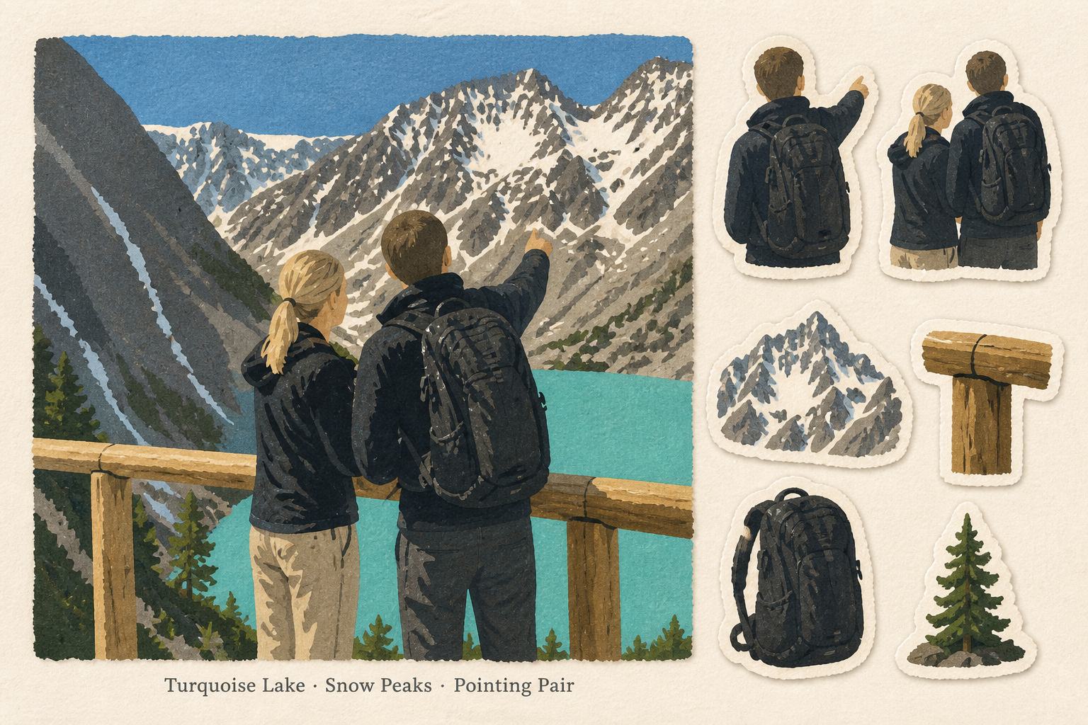 Two hikers looking out at a turquoise mountain lake, with matching cut-out stickers down the side — a photo turned into art in the Travel sticker card style